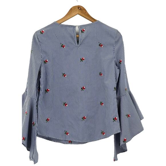 Kontro J Blue & White Stripe Embroidered Flowers Blouse - Medium - Picture 3 of 10